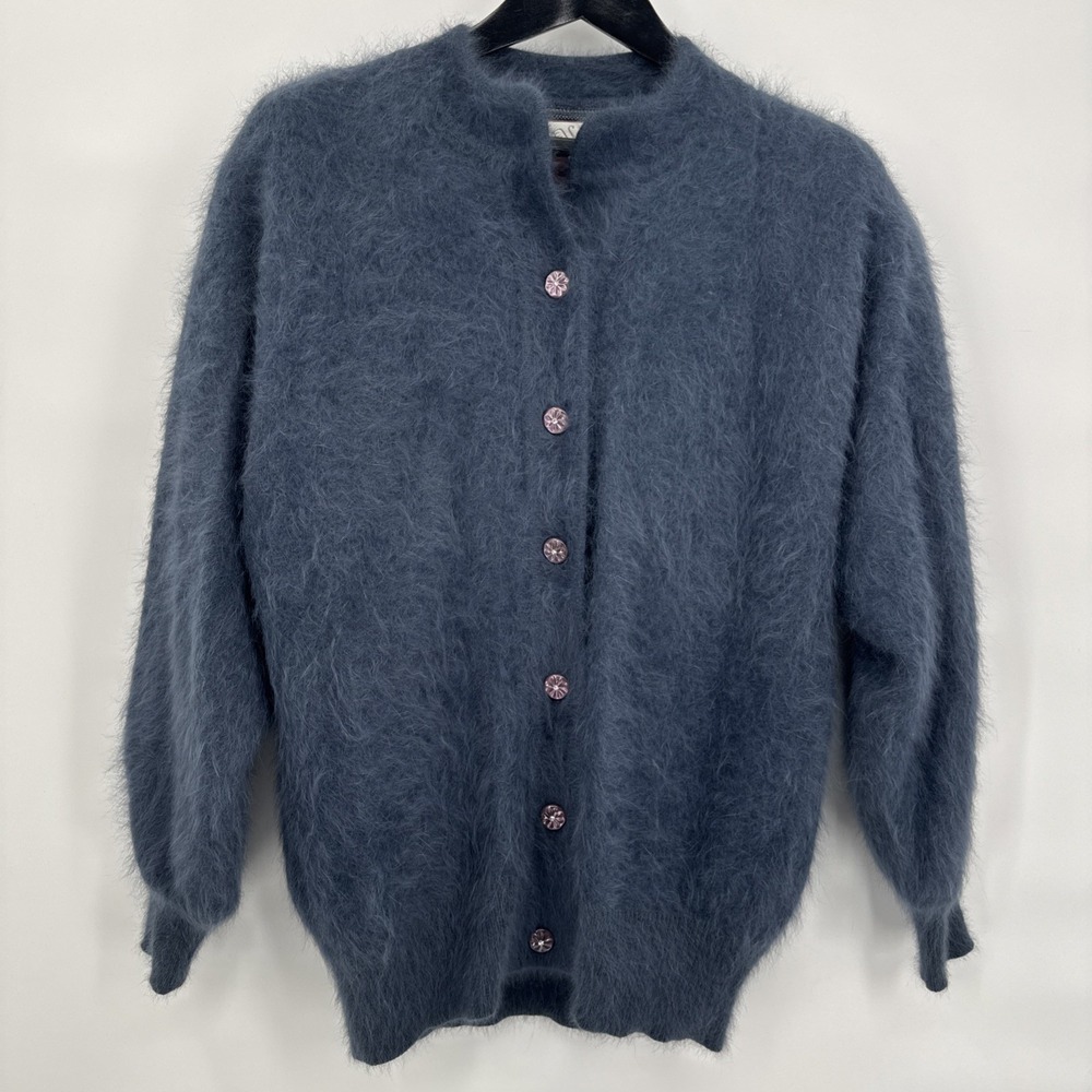 Vintage SUZANNE Angora Blend Oversized Cardigan Sweater Size L Blue Classic
